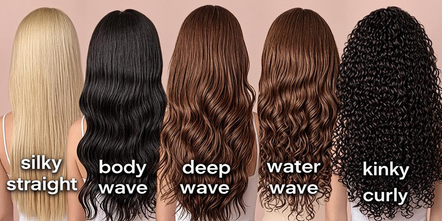 Every wig texture decoded in plain language — straight, yaki, loose wave, body wave, water wave, deep wave, curly, kinky and finger coil — with real maintenance needs, volume ratings and the specific wigs that nail each pattern.