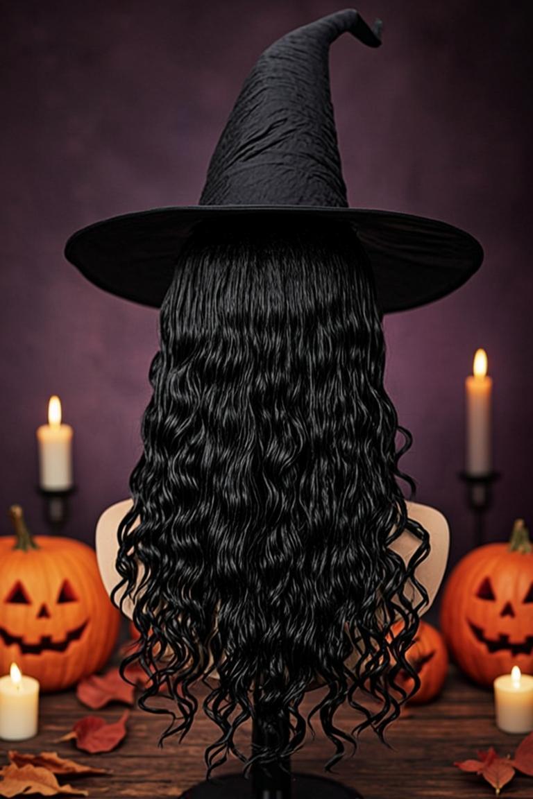 Pin: how to style a witch wig — black wavy wig with hat and candlelight