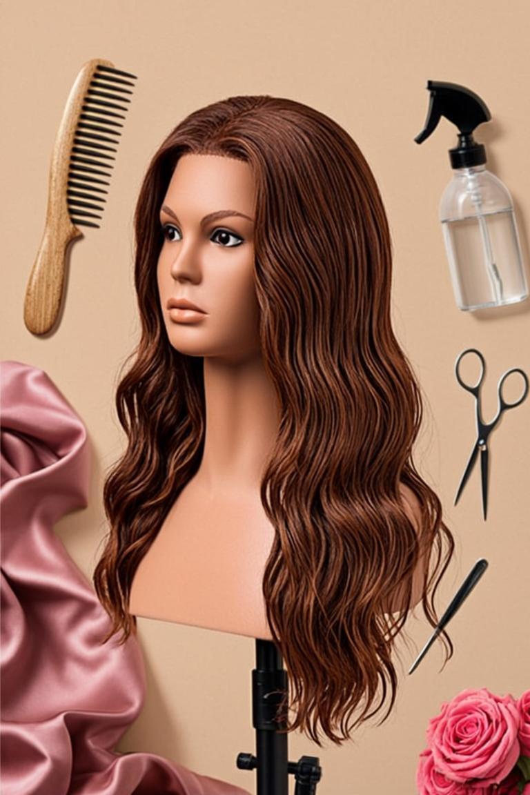 Pin: 13 wig mistakes that make your wig look fake — auburn wig on a mannequin with styling tools